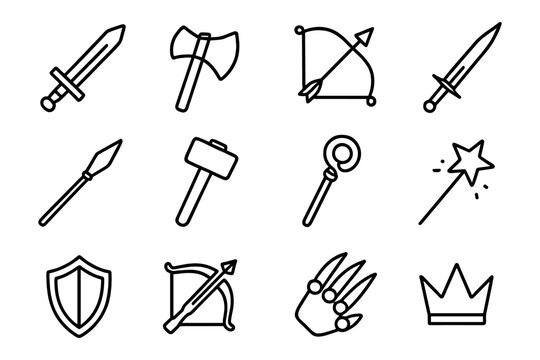 Fototapeta Linear weapon and magic icons set: sword, axe, bow, shield, crown, and wand designs for game ui