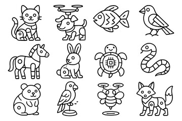 Cute linear animal icons set featuring pets and wildlife