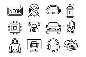 Modern linear icons: neon, hoodies, vr, drones, and graffiti art elements