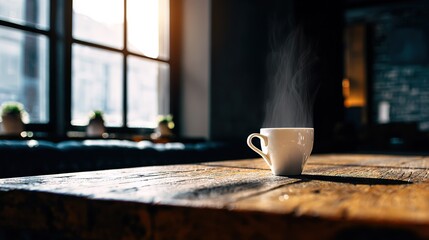 SteamingCoffeeCupOnWoodenTable