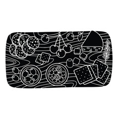 Elegant charcuterie board illustration with cheese crackers olives cherries and salami slices on white background