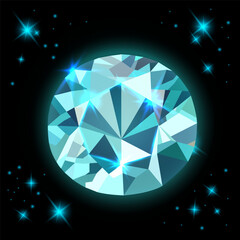 A radiant aqua gemstone radiates with dazzling reflections against a dark cosmic backdrop, glowing with icy brilliance and mysterious elegance