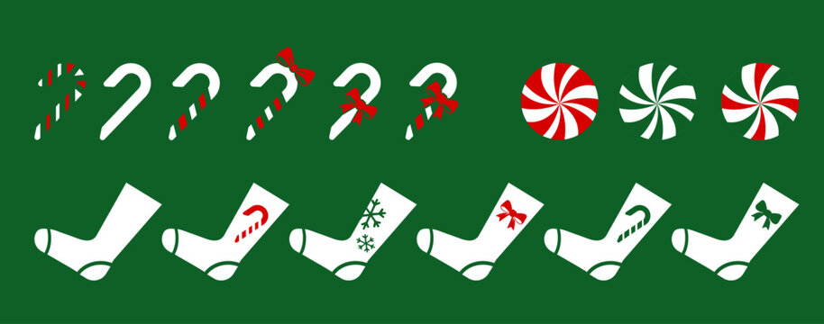 Dulces navide&ntilde;os de bast&oacute;n y dulces navide&ntilde;os circulares; calcetines navide&ntilde;os con dise&ntilde;os.