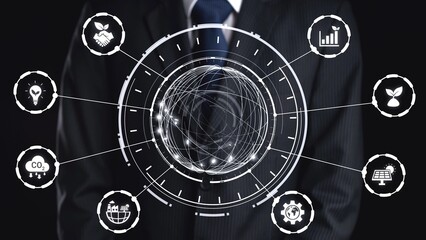 Fototapeta premium ESG icons show environmental impact, social responsibility, and corporate governance. ESG drives sustainability, ESG investment, ESG reporting, and business growth. Gist