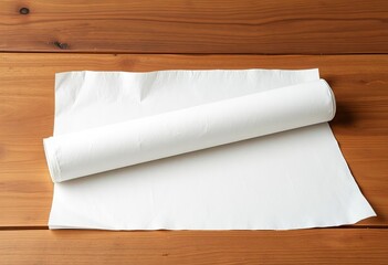 Fototapeta premium Roll of pristine white baking parchment paper, ready for use, ingredients, baking paper