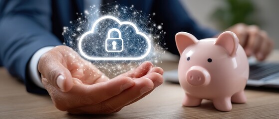 Businessman showcases a pink piggy bank, linking secure savings to modern digital financial management