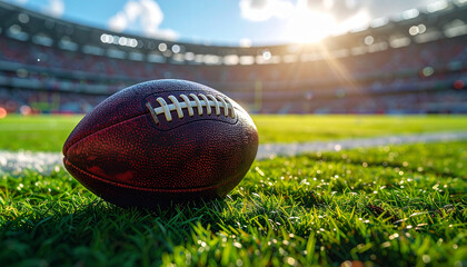Modern American Football on Lush Green Field with Stadium Background Authentic Premium Sports Content for Game Day Marketing and Social Media Campaigns
