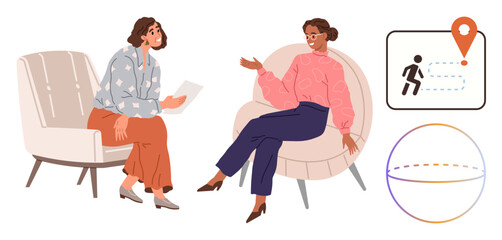Two women seated in conversation, one with papers, near directional navigation symbols symbolizing discussions, mentorship, coaching, teamwork, communication, decision-making career planning. Simple