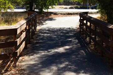 Quiet Pathway Crossing Wooden Bridge in a Sunny Outdoor Setting Surrounded by Trees and Grass