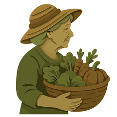 Elderly farmer holding fresh harvest in paper cut art style