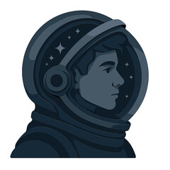 Futuristic astronaut silhouette profile with starry helmet in dimensional dark blue