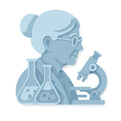 Scientist in lab experimenting with microscope and beakers in modern 3d silhouette design