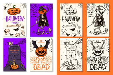 Halloween invitation cards for celebration. Poster or banner for holiday, spooky scary templates with pumpkin, skeletons graves and ghosts. Hand drawn