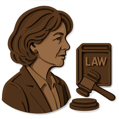 Layered cutout profile of a woman lawyer with books and gavel
