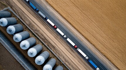 Naklejka premium Aerial view showcases a line of trucks transporting goods alongside agricultural silos near a vast field, depicting a rural transportation and harvest scene with parallel lines and a neutral color...
