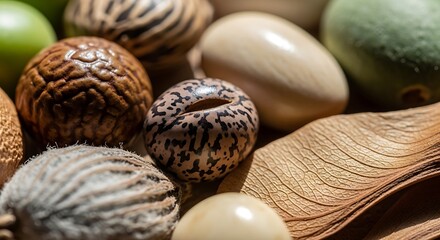 Close-up of various seeds and nuts, natural textures and colors.