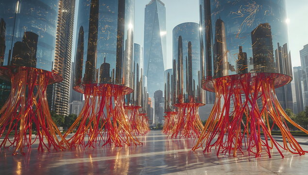 Futuristic city skyline with organic architecture and red structures