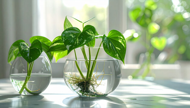 Modern Healthy Pothos Plant Cuttings Rooting in Water Premium Authentic Indoor Gardening Content for Millennial Plant Lovers and Educational Marketing
