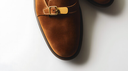 Close-up on a stylish brown suede shoe with a gold buckle. Elegant footwear. Refined details. Classic design. Sophisticated style for any occasion.