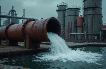 Fototapeta na wymiar Rusty industrial pipe discharges waste water into a pool. Factory buildings in the background. Pollution eco issues at manufacturing plant. Concept of contamination.