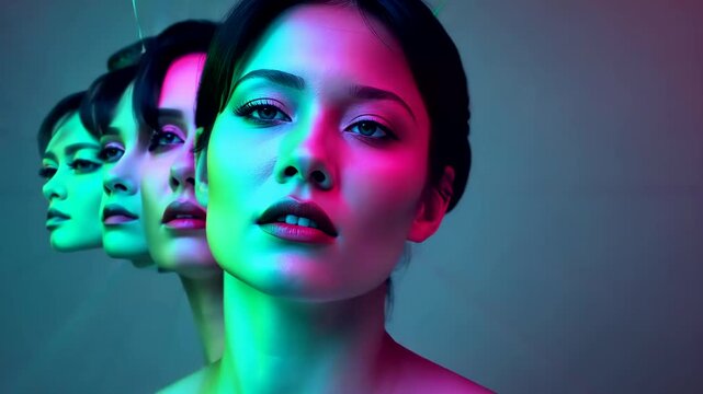 Creative Portrait of Woman with Multiple Faces in Neon Lighting Reflecting Dual Identity Concept
