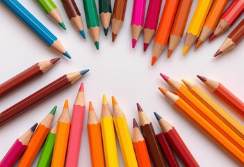 Fototapeta premium Vibrant colored pencils arranged artfully on a white background, craft, bright