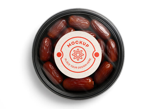 Round Transparent Plastic Food Container Mockup with Blank Label &ndash; Realistic Top View Dates Packaging Template for Natural Snack and Organic Product Branding Presentation