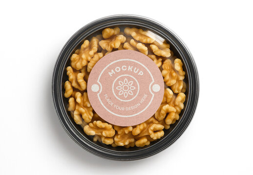 Round Transparent Plastic Food Container Mockup with Blank Label &ndash; Realistic Top View Walnut Packaging Template for Organic Nut Branding and Product Design Presentation