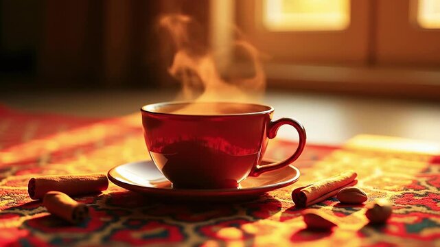 A steaming red cup on a saucer, atop a patterned rug with cinnamon sticks and nuts, bathed in warm light
