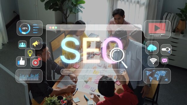 A diverse team collaborates in a bright office space, developing SEO strategies using digital tools and analytics while discussing ideas and sharing notes. Raster - Powered by Adobe