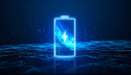 Lithium ion battery starts recharging electric energy supply, fast charging technology concept, abstract futuristic 3d rendering illustration digital cyberspace particle background