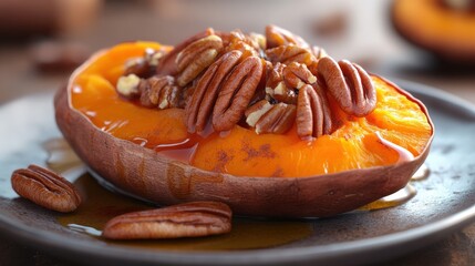 Sweet potato half filled with pecans and drizzled with syrup.