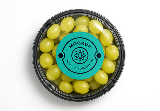 Realistic Round Plastic Food Container Mockup with Blank Label &ndash; Top View Green Grapes Packaging Template for Fresh Fruit and Natural Snack Branding Presentation