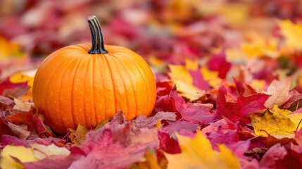 Orange pumpkin nestled among colorful autumn leaves.