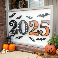 Halloween door with pumpkins and decorations