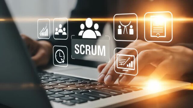 Scrum Methodology: Teamwork, Agile Project Management, and Software Development Process Illustration with Businessperson Using Laptop