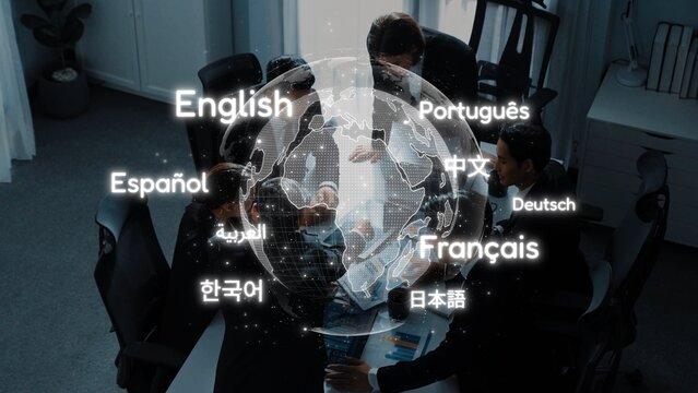 A dynamic business meeting featuring a globe graphic representing multiple languages, emphasizing collaboration and effective communication among diverse professionals. Raster