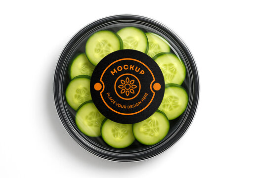 Realistic Transparent Plastic Food Container Mockup with Blank Circular Label &ndash; Top View Fresh Cucumber Slices Packaging Template for Healthy Snack or Salad Design Presentation