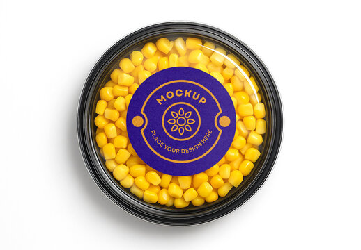 Realistic Food Packaging Mockup with Blank Circular Label &ndash; Top View Transparent Plastic Container Filled with Sweet Corn Kernels for Snack or Salad Packaging Design Presentation