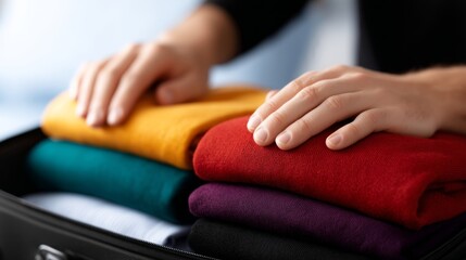 Obraz premium Neatly folded clothes are arranged in a suitcase. The colorful fabric adds a lively touch. This image showcases organization and travel essentials for a stylish journey. AI