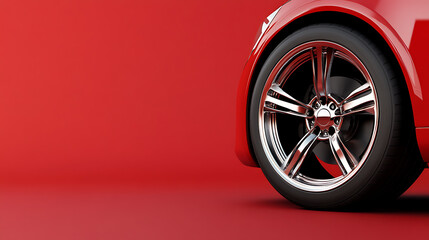 Vibrant red car detail showcases a shiny chrome wheel against a matching backdrop. Modern design and automotive elegance in a studio setting.