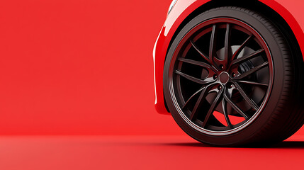 Sleek Red Vehicle: A close-up showcases the modern wheel of a car against a vibrant backdrop. Emphasizing design, automotive quality, and attention to detail.