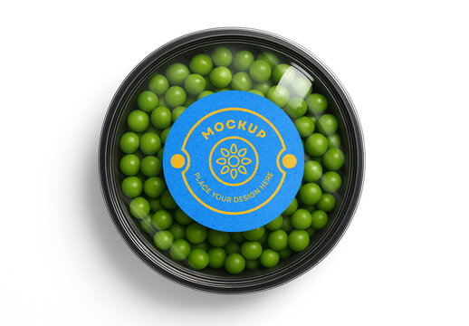 Realistic Food Packaging Mockup with Blank Circular Label &ndash; Top View Transparent Plastic Container Filled with Fresh Green Peas for Healthy Food, Snack or Vegetable Packaging Design Presentation