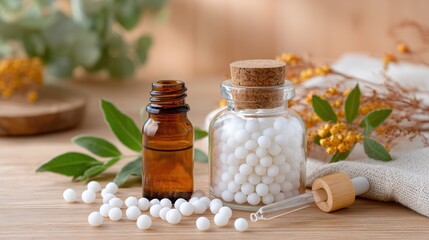 Homeopathic Remedies with Bottle and Herbs