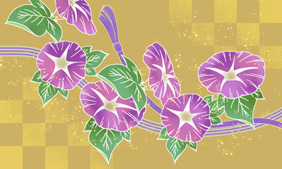 鮮やかな朝顔と金箔の和柄背景の図画