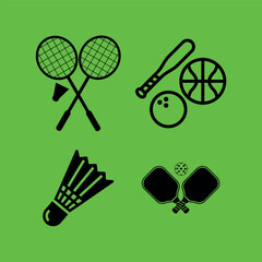 4 Sports Equipment Silhouettes on Green Background