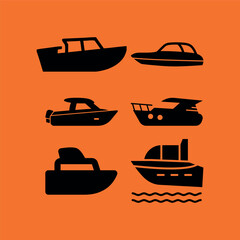 6 Boat Silhouettes on Orange Background