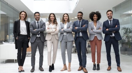 Fototapeta premium A diverse group of professionals in business attire pose in a bright, modern office space