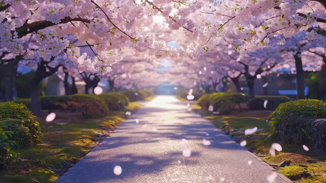 Romantische Kirschbl&uuml;ten-Allee mit fallenden Bl&uuml;ten &ndash; Fr&uuml;hlingsszene in Zeitlupe