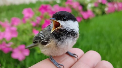 Tiny Chickadee Chick Perched on Human Hand